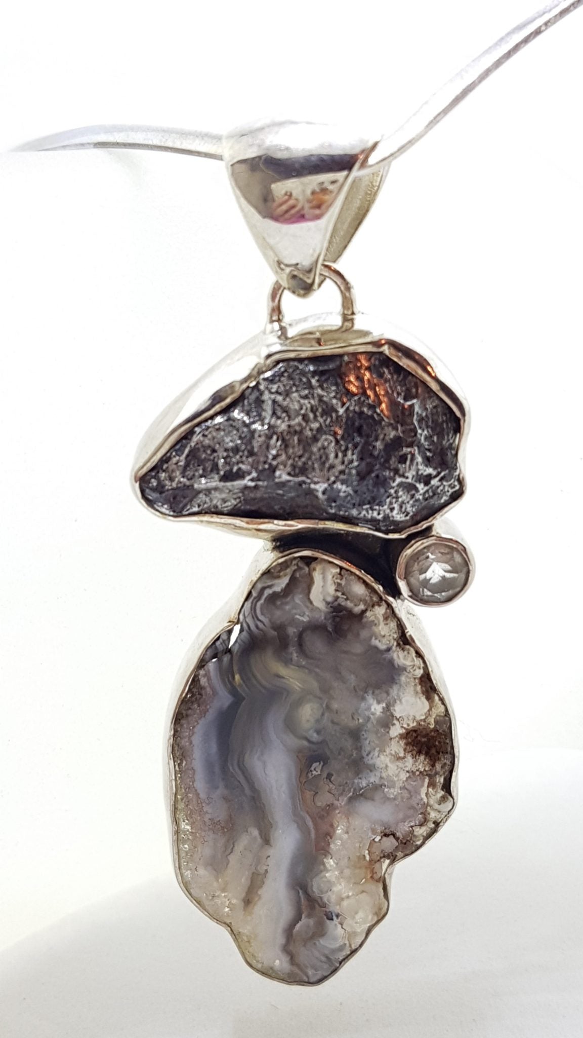 Sterling Silver Meteorite, Clear Crystal Quartz and Agate Large Pendant on Black Chain / Necklace