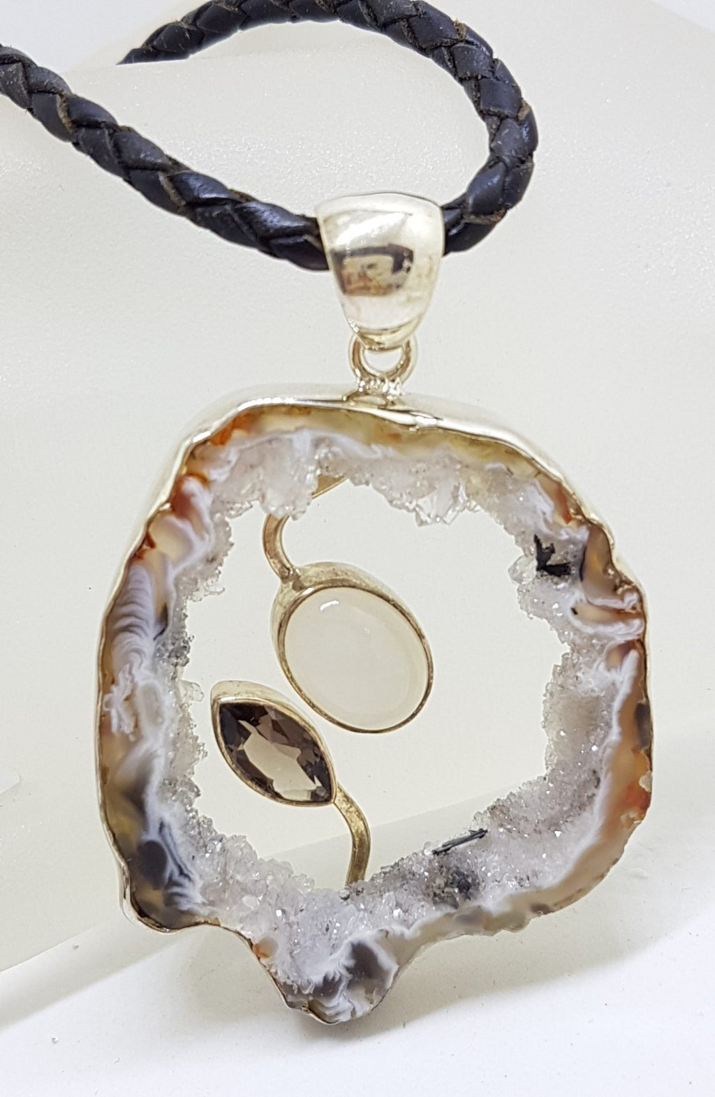 Sterling Silver Druzy Agate with Mother of Pearl and Smokey Quartz Pendant on Black Chain