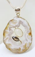 Sterling Silver Druzy Agate with Mother of Pearl and Smokey Quartz Pendant on Thick Silver Chain