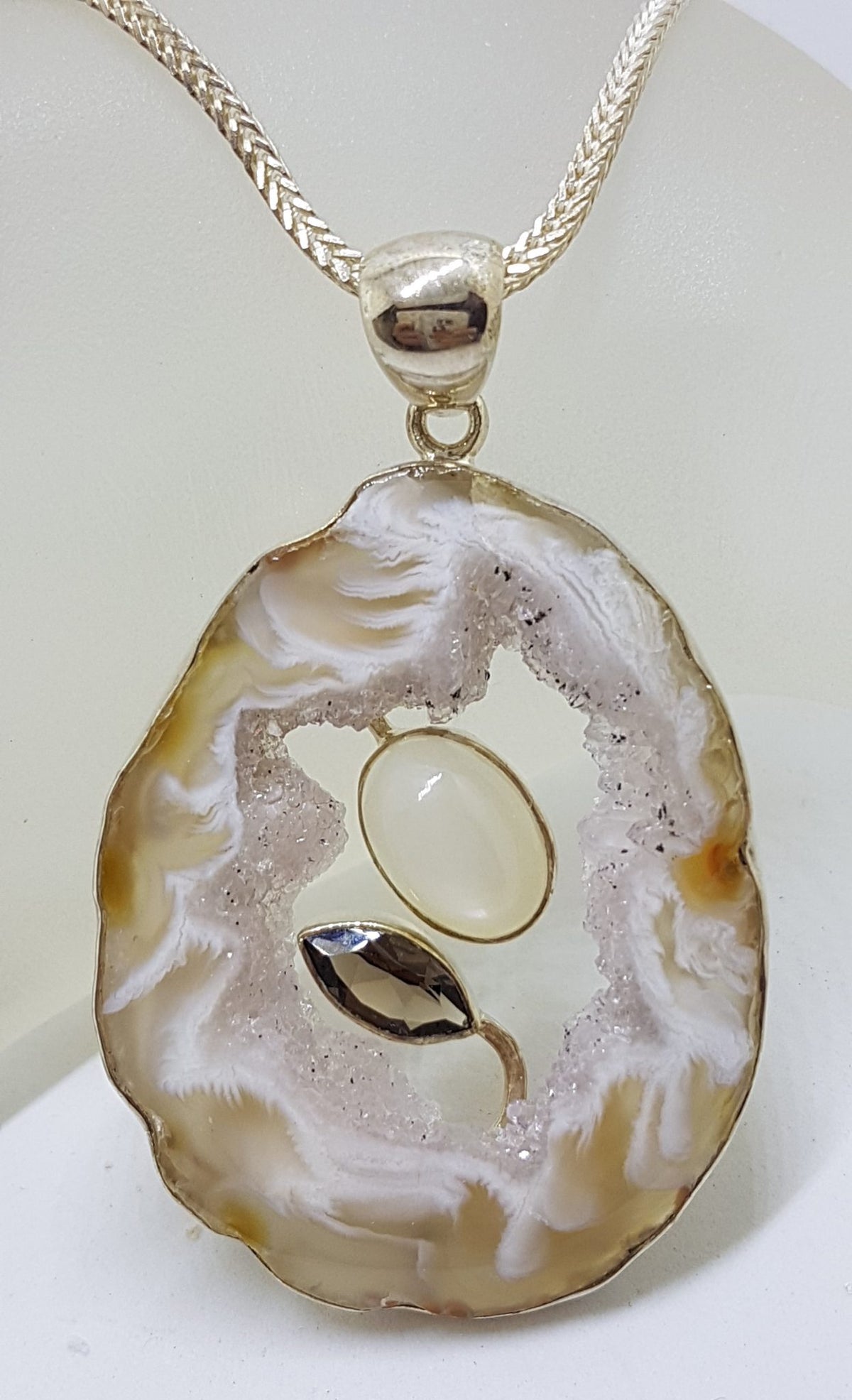 Sterling Silver Druzy Agate with Mother of Pearl and Smokey Quartz Pendant on Thick Silver Chain