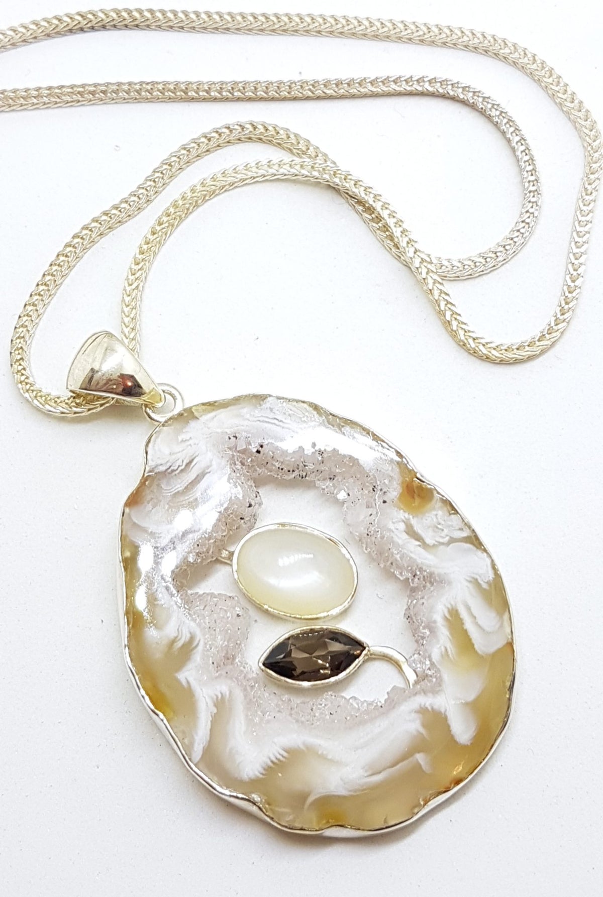 Sterling Silver Druzy Agate with Mother of Pearl and Smokey Quartz Pendant on Thick Silver Chain