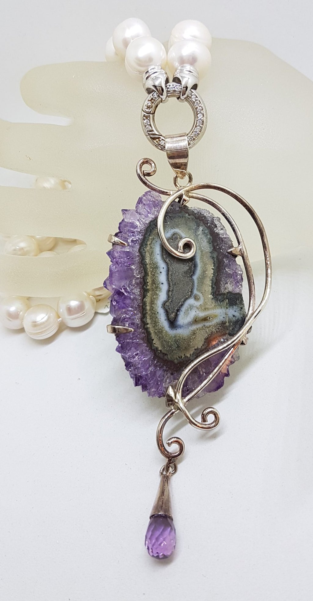 Sterling Silver Very Large Spectacular Amethyst Slice Ornate Pendant on Pearl Necklace