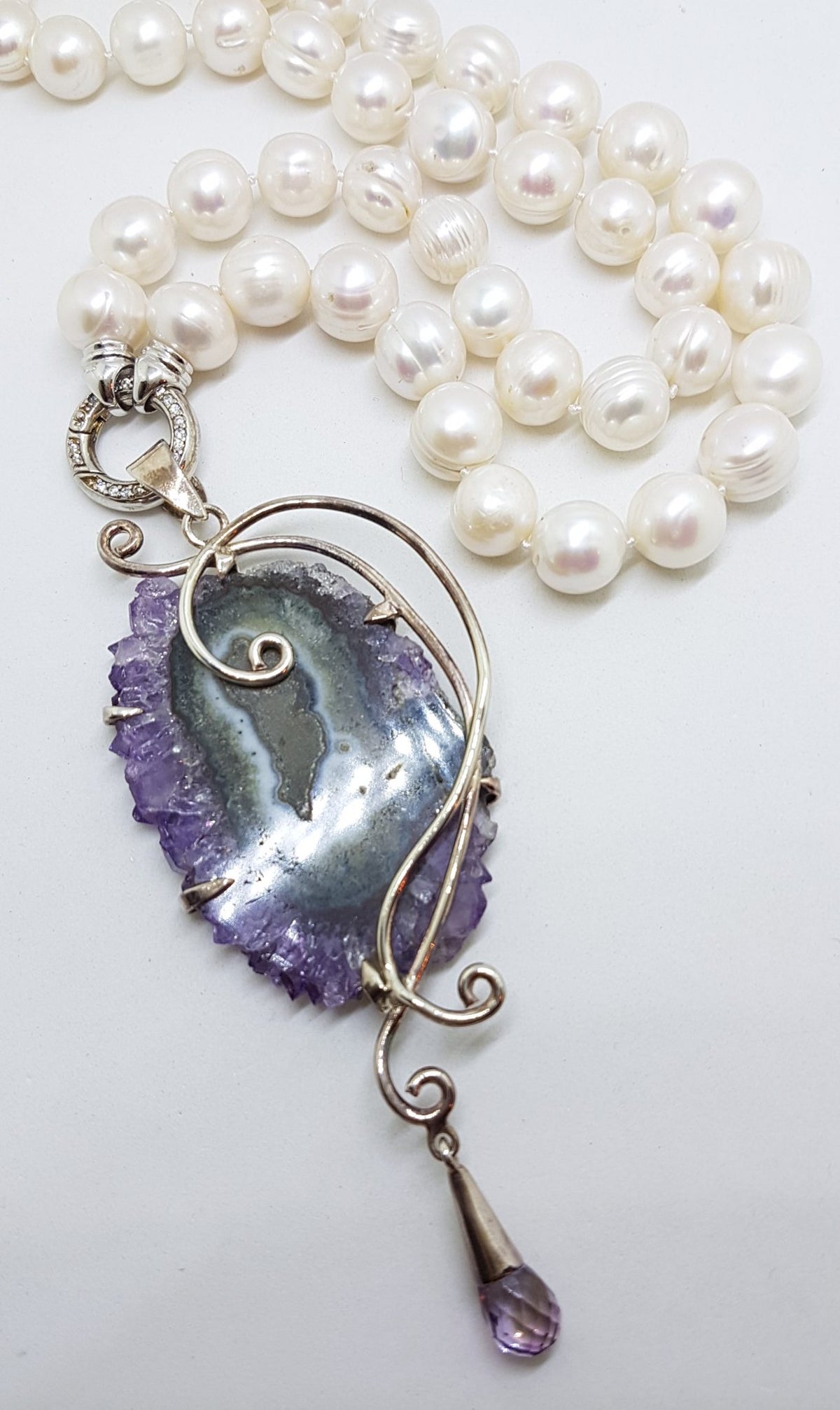 Sterling Silver Very Large Spectacular Amethyst Slice Ornate Pendant on Pearl Necklace