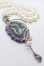 Sterling Silver Very Large Spectacular Amethyst Slice Ornate Pendant on Pearl Necklace