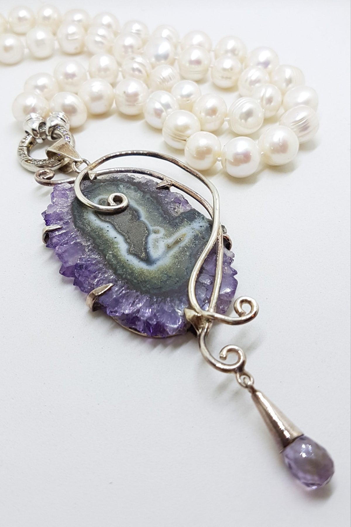 Sterling Silver Very Large Spectacular Amethyst Slice Ornate Pendant on Pearl Necklace