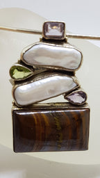 Sterling Silver Large Tiger Eye with Pearl,  Amethyst and Peridot Pendant on Silver Choker Chain / Necklace