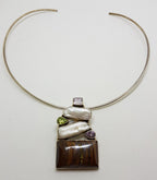 Sterling Silver Large Tiger Eye with Pearl,  Amethyst and Peridot Pendant on Silver Choker Chain / Necklace