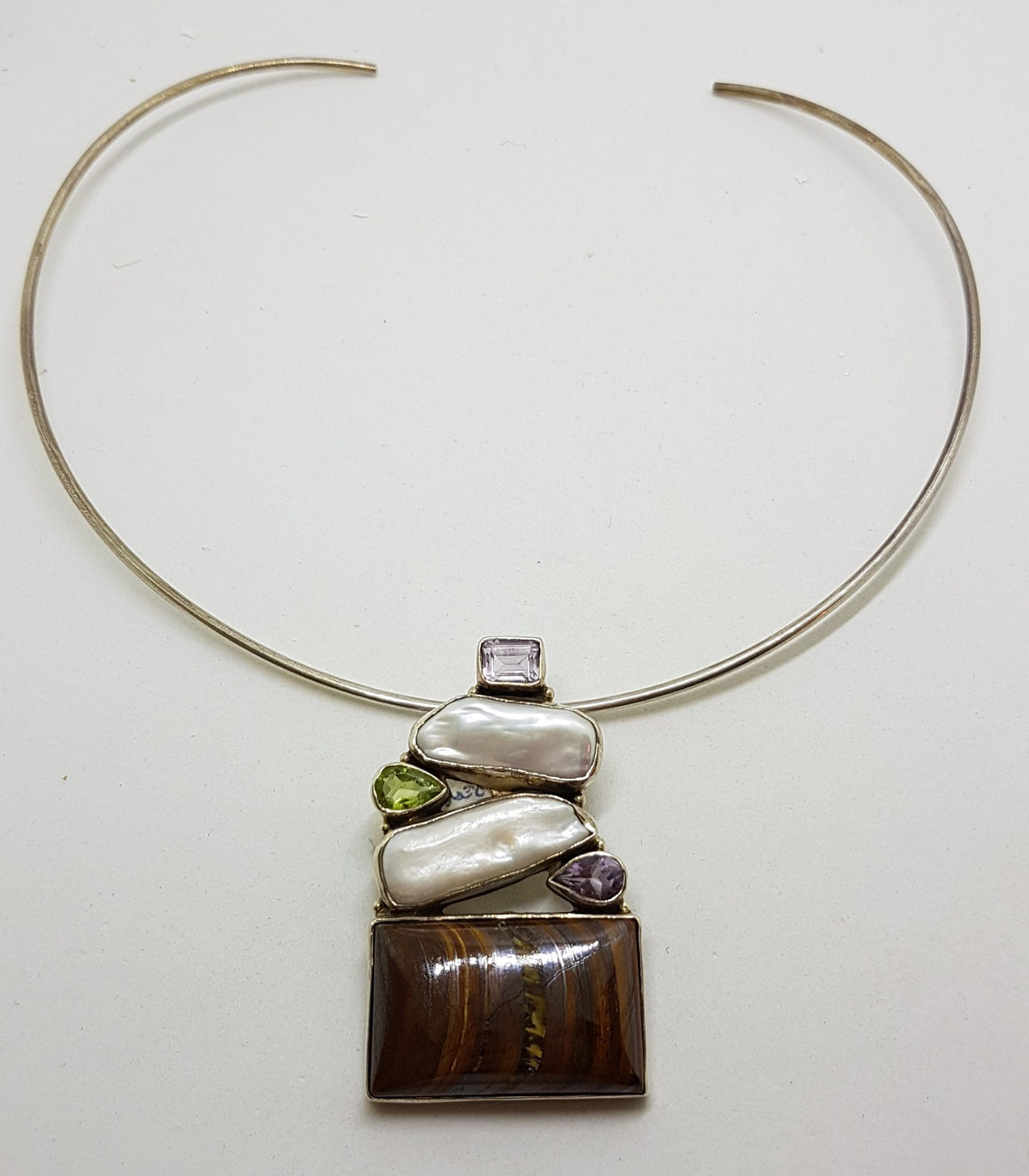 Sterling Silver Large Tiger Eye with Pearl,  Amethyst and Peridot Pendant on Silver Choker Chain / Necklace