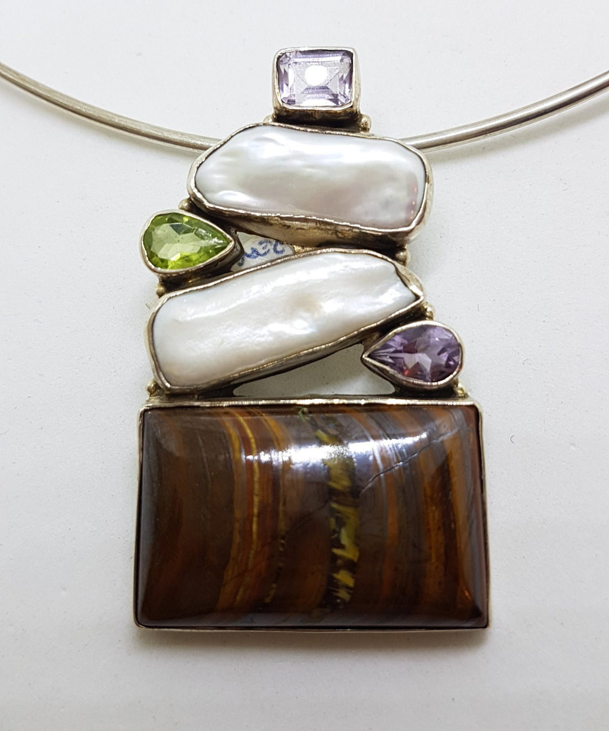 Sterling Silver Large Tiger Eye with Pearl,  Amethyst and Peridot Pendant on Silver Choker Chain / Necklace