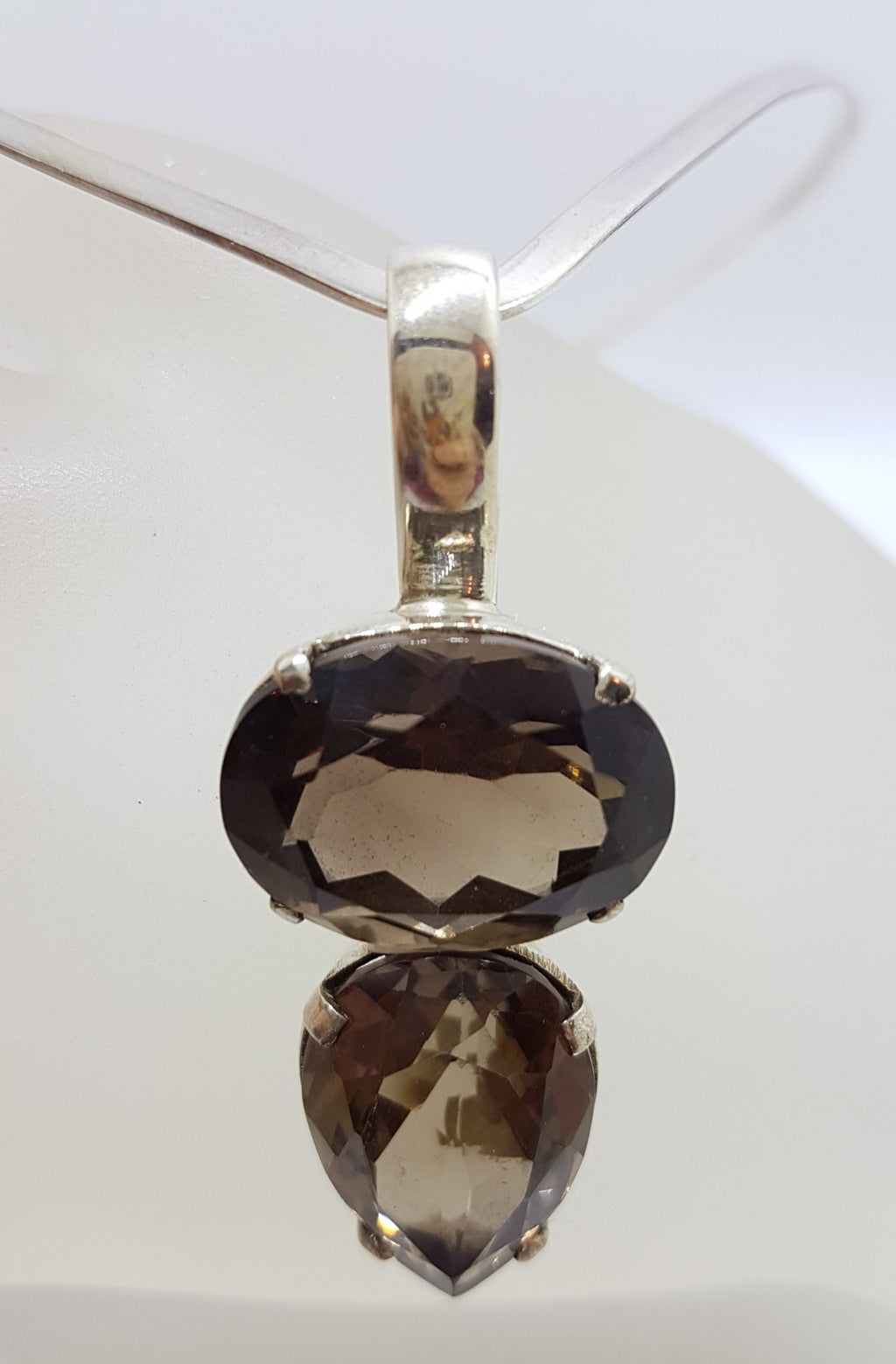 Sterling Silver Oval &amp; Pear Shape / Teardrop Smokey Quartz Pendant on Silver Choker Chain / Necklace