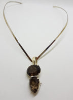 Sterling Silver Oval &amp; Pear Shape / Teardrop Smokey Quartz Pendant on Silver Choker Chain / Necklace