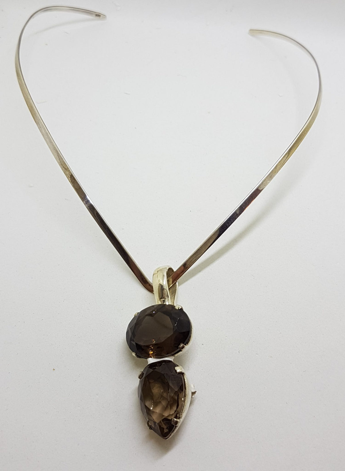 Sterling Silver Oval &amp; Pear Shape / Teardrop Smokey Quartz Pendant on Silver Choker Chain / Necklace