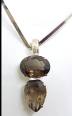 Sterling Silver Oval &amp; Pear Shape / Teardrop Smokey Quartz Pendant on Silver Choker Chain / Necklace