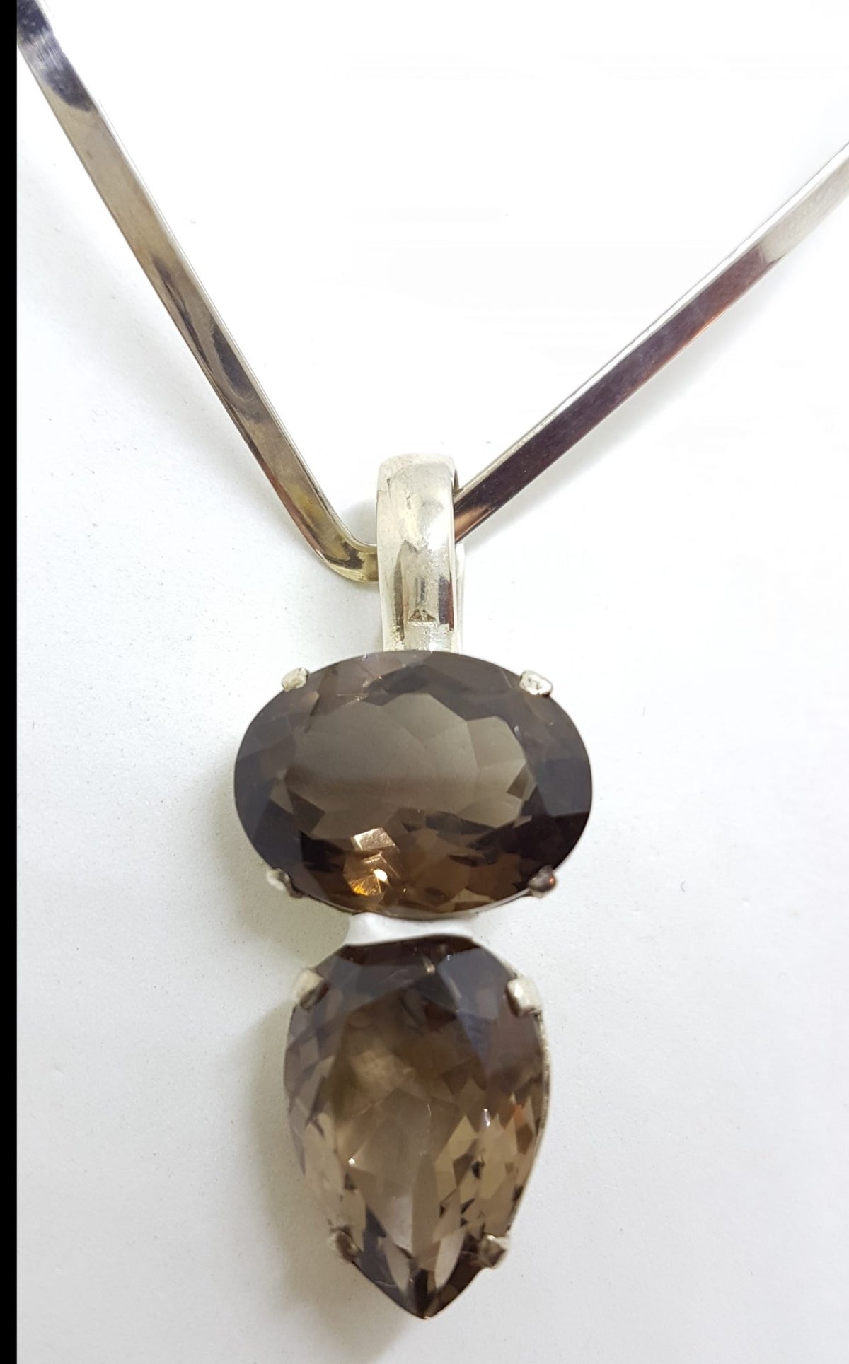 Sterling Silver Oval &amp; Pear Shape / Teardrop Smokey Quartz Pendant on Silver Choker Chain / Necklace