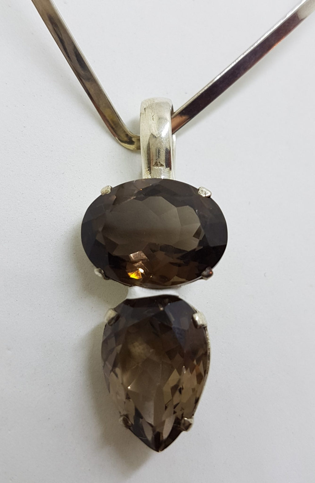 Sterling Silver Oval &amp; Pear Shape / Teardrop Smokey Quartz Pendant on Silver Choker Chain / Necklace