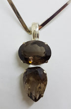 Sterling Silver Oval &amp; Pear Shape / Teardrop Smokey Quartz Pendant on Silver Choker Chain / Necklace
