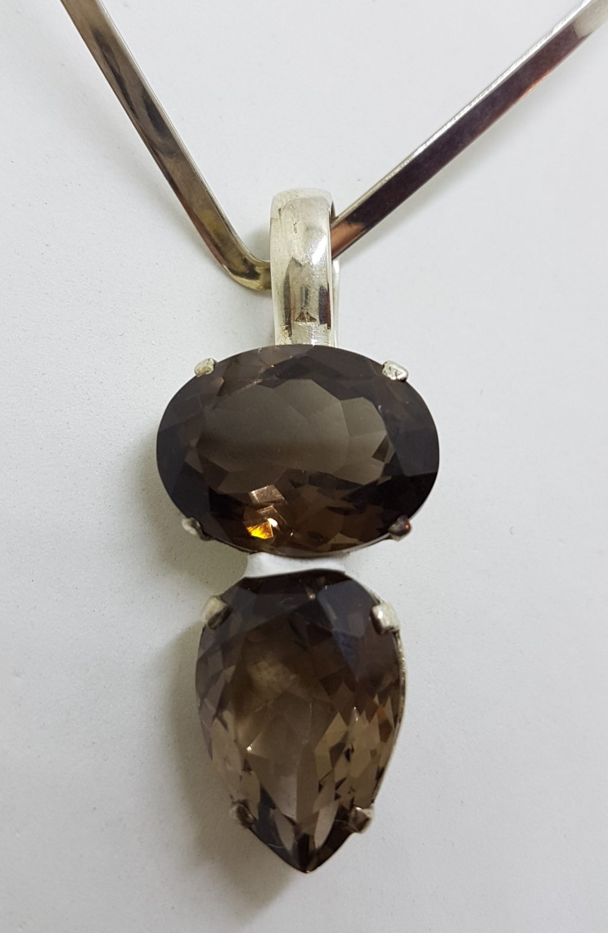 Sterling Silver Oval &amp; Pear Shape / Teardrop Smokey Quartz Pendant on Silver Choker Chain / Necklace