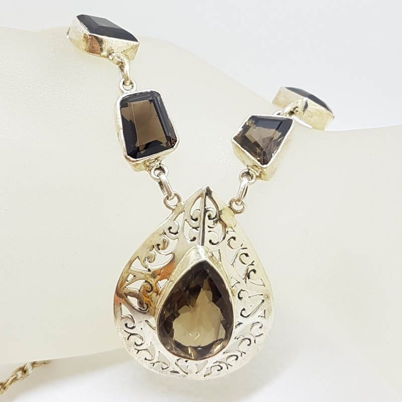 Sterling Silver Ornate Filigree Smokey Quartz Chain Necklace