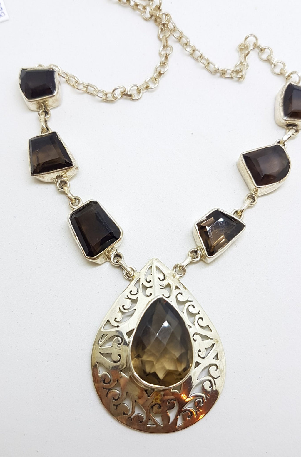 Sterling Silver Ornate Filigree Smokey Quartz Chain Necklace