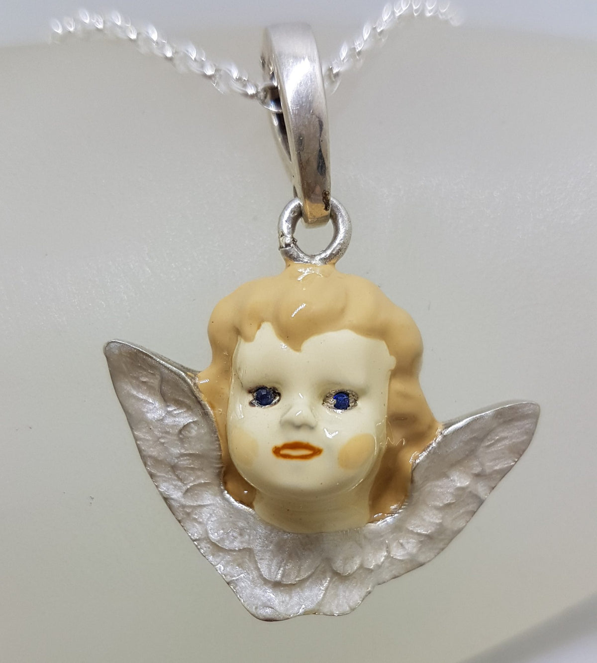 Sterling Silver Enamel Angel with Blue Stone Eyes Enhancer Pendant on Silver Chain