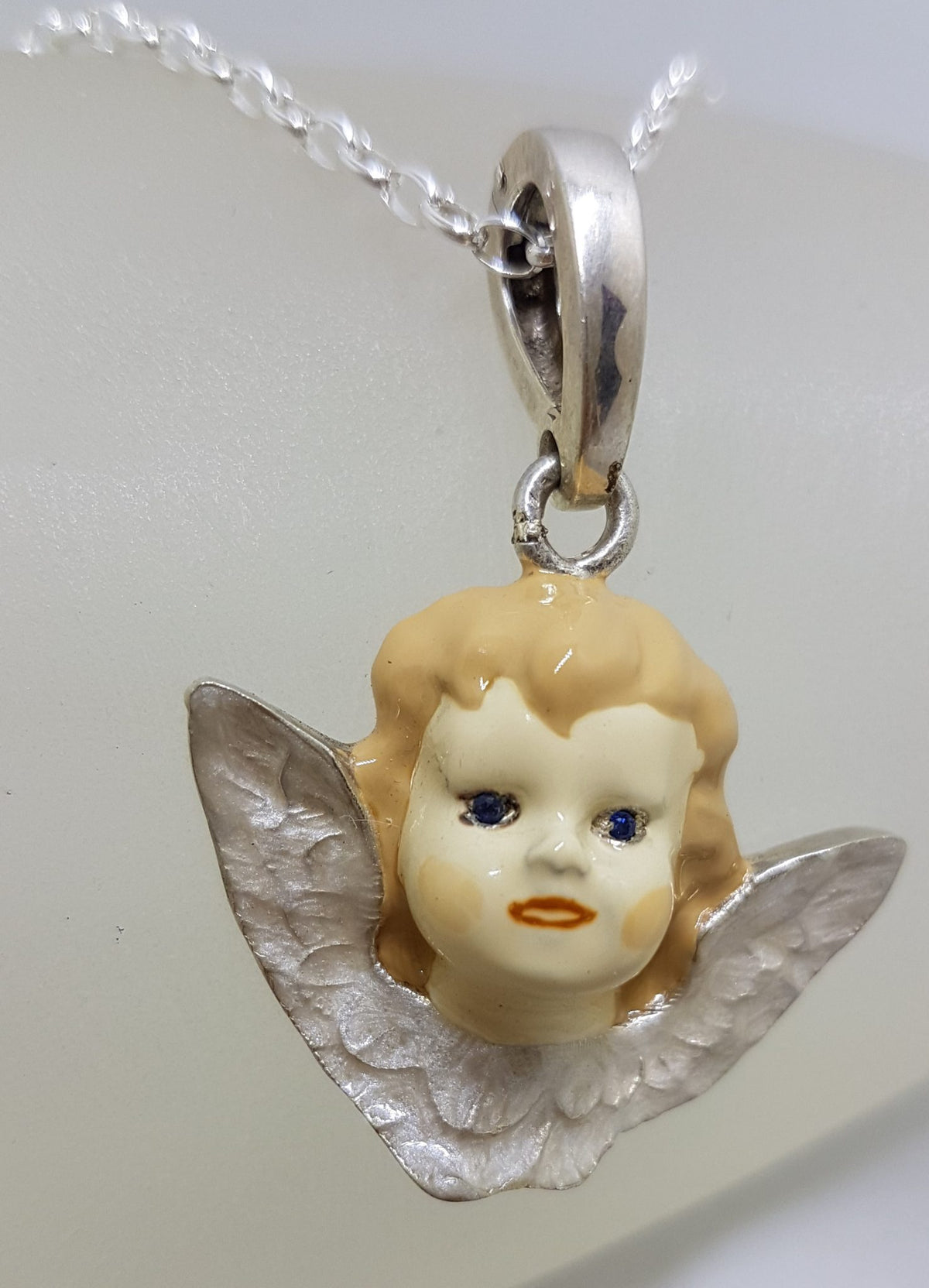 Sterling Silver Enamel Angel with Blue Stone Eyes Enhancer Pendant on Silver Chain