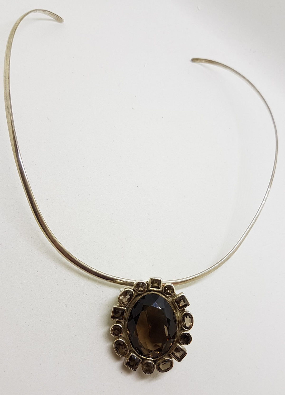 Sterling Silver Oval Smokey Quartz Cluster Pendant on Silver Choker Chain / Necklace