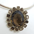 Sterling Silver Oval Smokey Quartz Cluster Pendant on Silver Choker Chain / Necklace