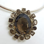 Sterling Silver Oval Smokey Quartz Cluster Pendant on Silver Choker Chain / Necklace