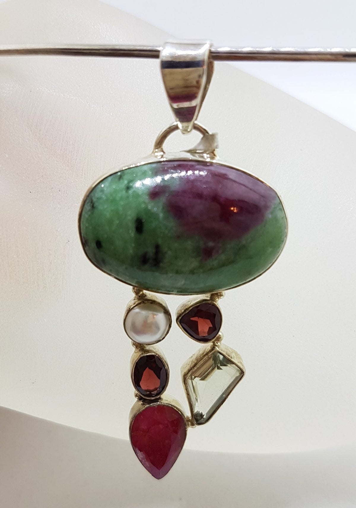 Sterling Silver Ruby Zoisite, Ruby, Pearl, Garnet and Green Amethyst / Prasiolite Cluster Pendant on Silver Choker Chain / Necklace