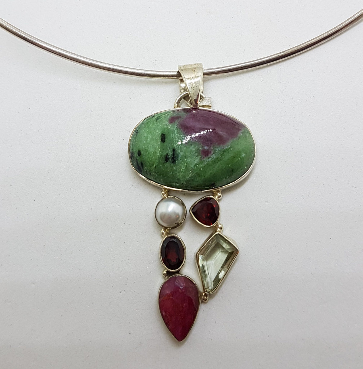 Sterling Silver Ruby Zoisite, Ruby, Pearl, Garnet and Green Amethyst / Prasiolite Cluster Pendant on Silver Choker Chain / Necklace