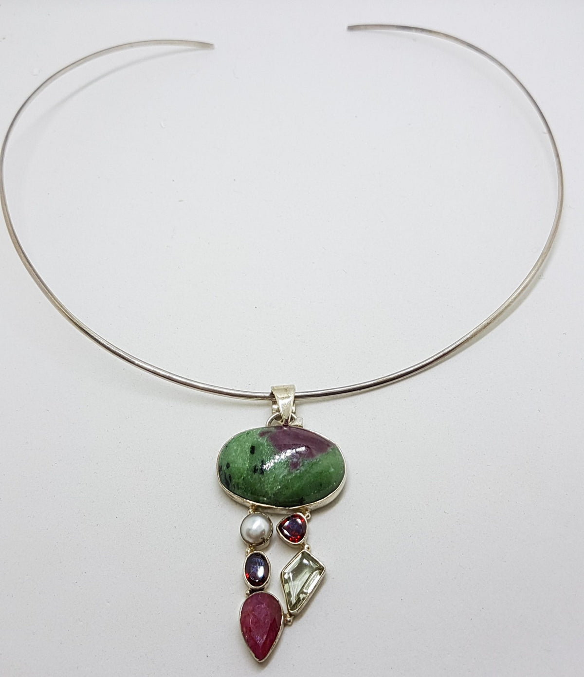Sterling Silver Ruby Zoisite, Ruby, Pearl, Garnet and Green Amethyst / Prasiolite Cluster Pendant on Silver Choker Chain / Necklace