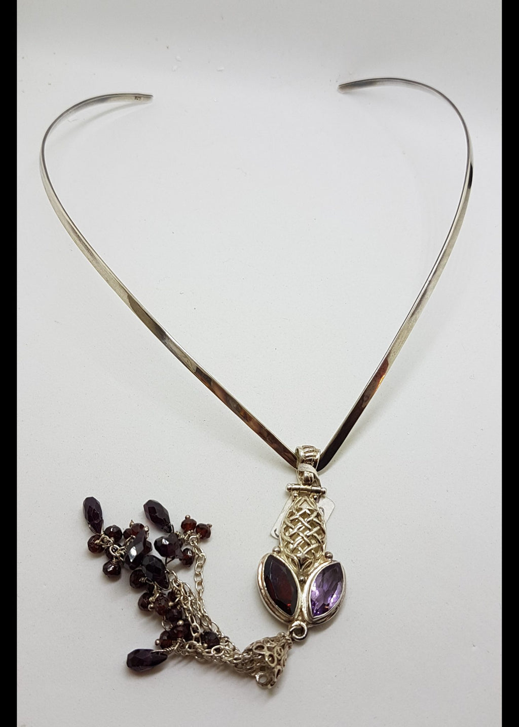 Sterling Silver Long Garnet and Amethyst Tassel Pendant on Choker Chain / Necklace