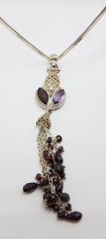 Sterling Silver Long Garnet and Amethyst Tassel Pendant on Choker Chain / Necklace