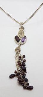 Sterling Silver Long Garnet and Amethyst Tassel Pendant on Choker Chain / Necklace