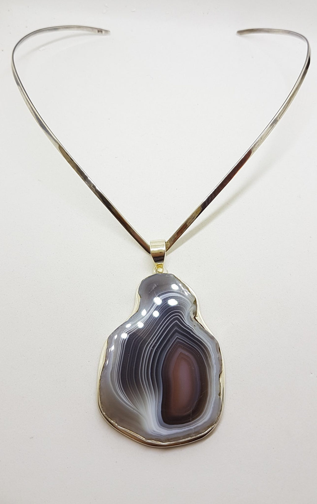 Sterling Silver Large Botswana Agate Pendant on Choker Chain / Necklace