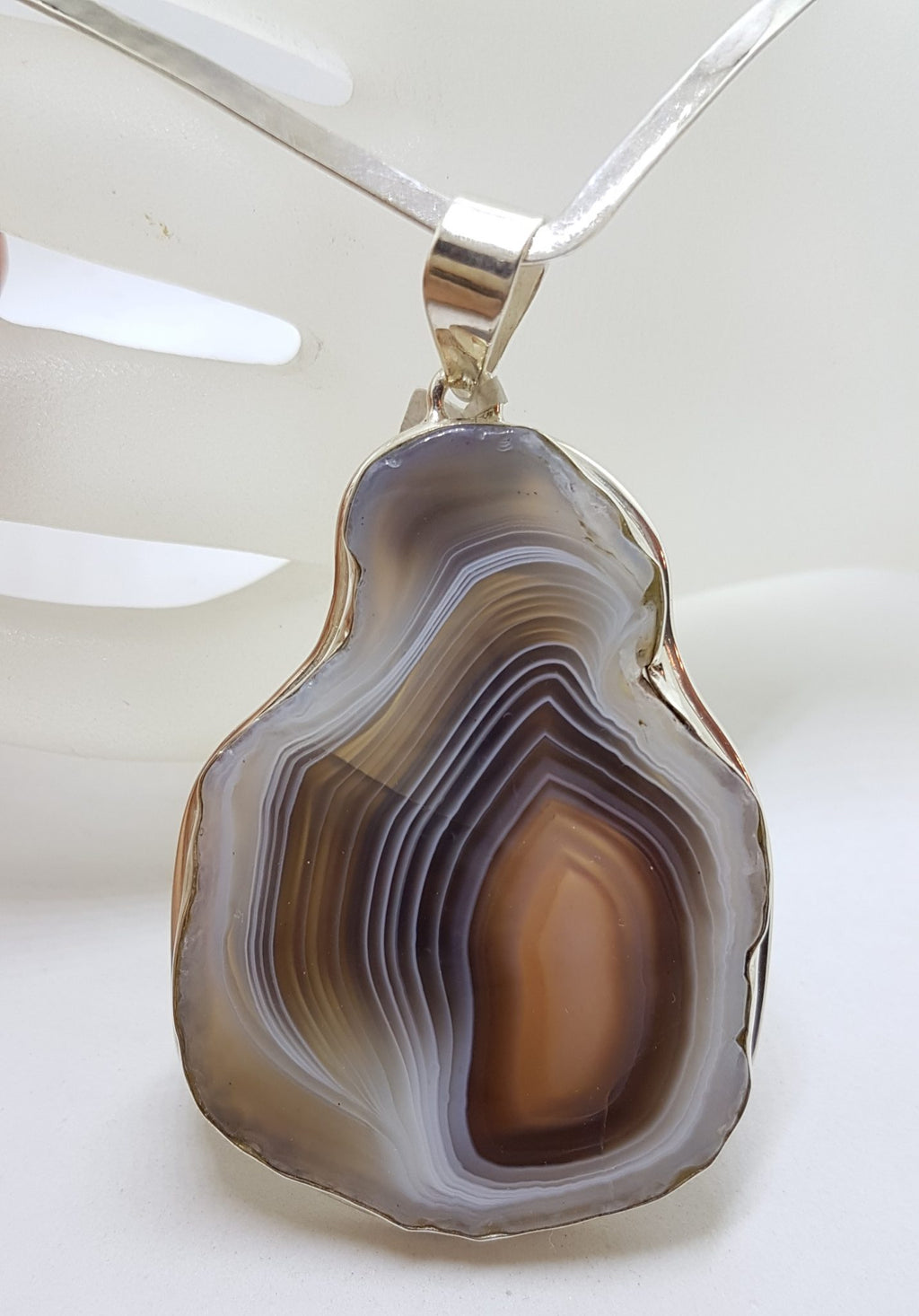 Sterling Silver Large Botswana Agate Pendant on Choker Chain / Necklace