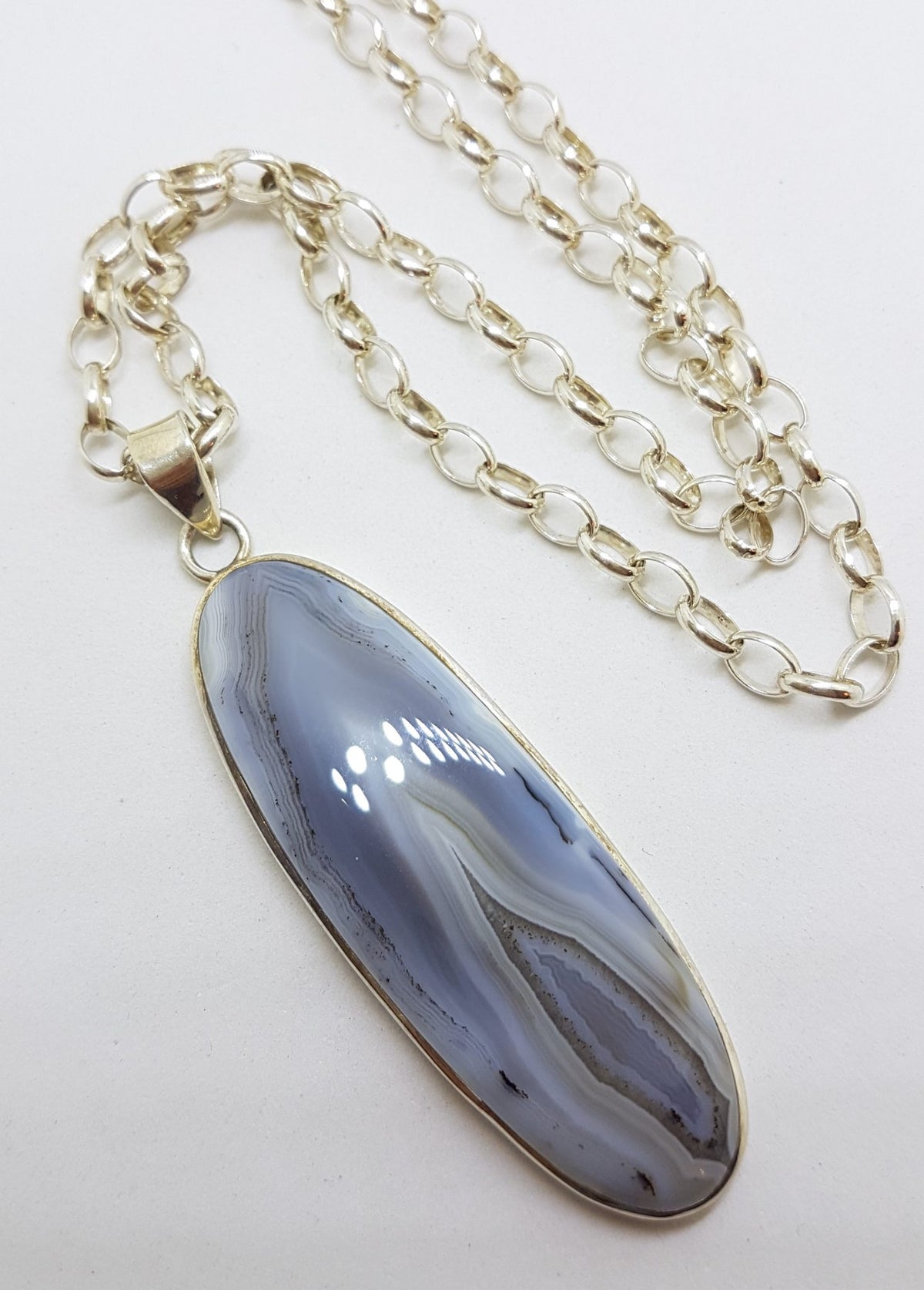 Sterling Silver Large Oval Grey Botswana Agate Pendant on Silver Chain