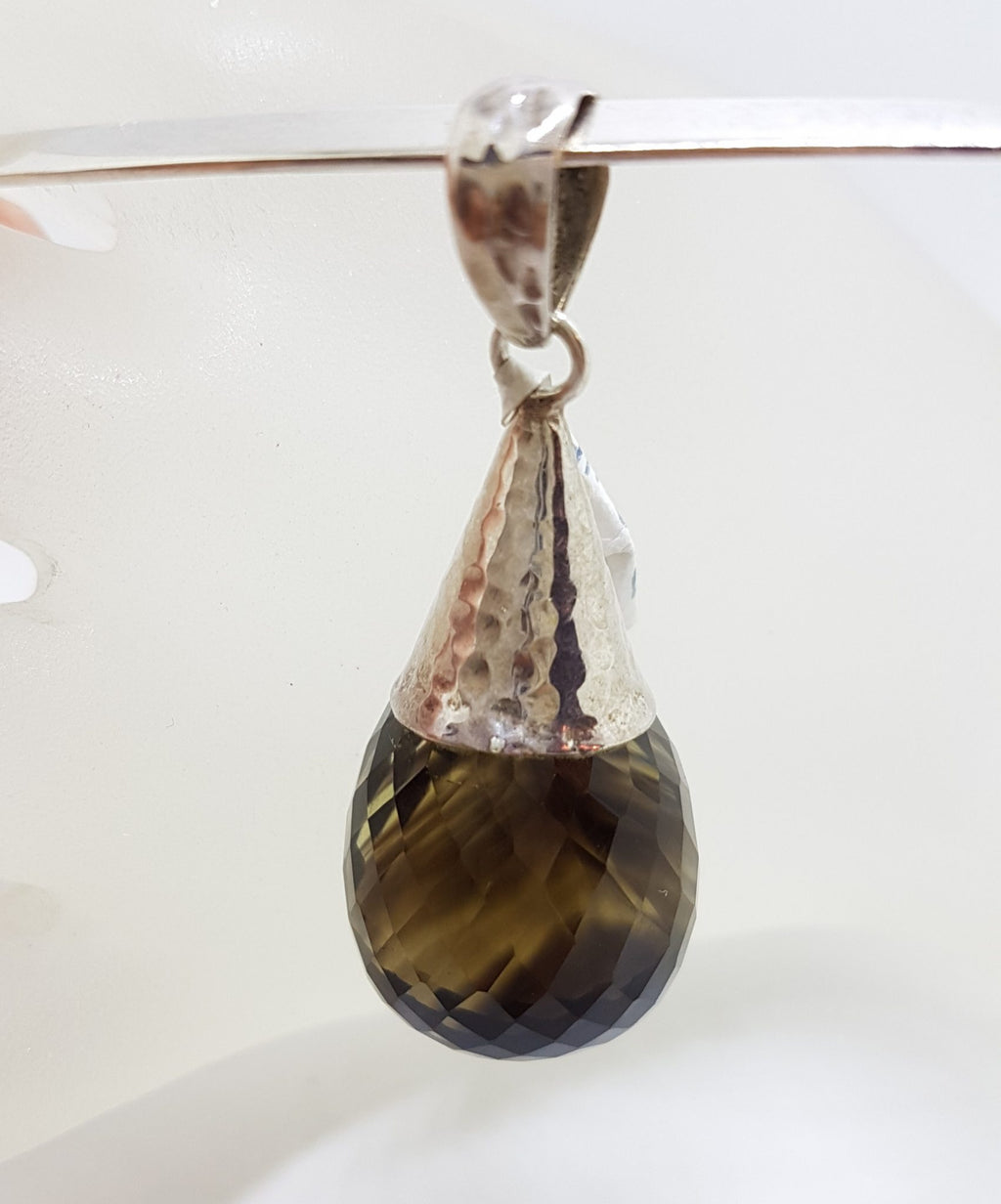 Sterling Silver Smokey Quartz Drop in Cone Pendant on Silver Choker Chain / Necklace