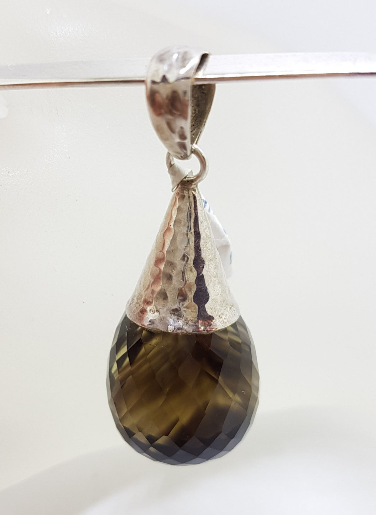 Sterling Silver Smokey Quartz Drop in Cone Pendant on Silver Choker Chain / Necklace