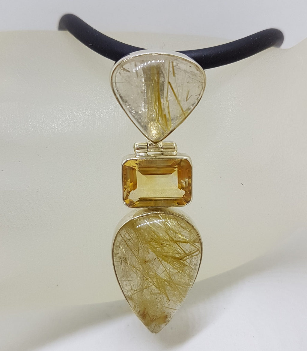 Sterling Silver Large Rutilated Quartz and Citrine Pendant on Black Neoprene Chain