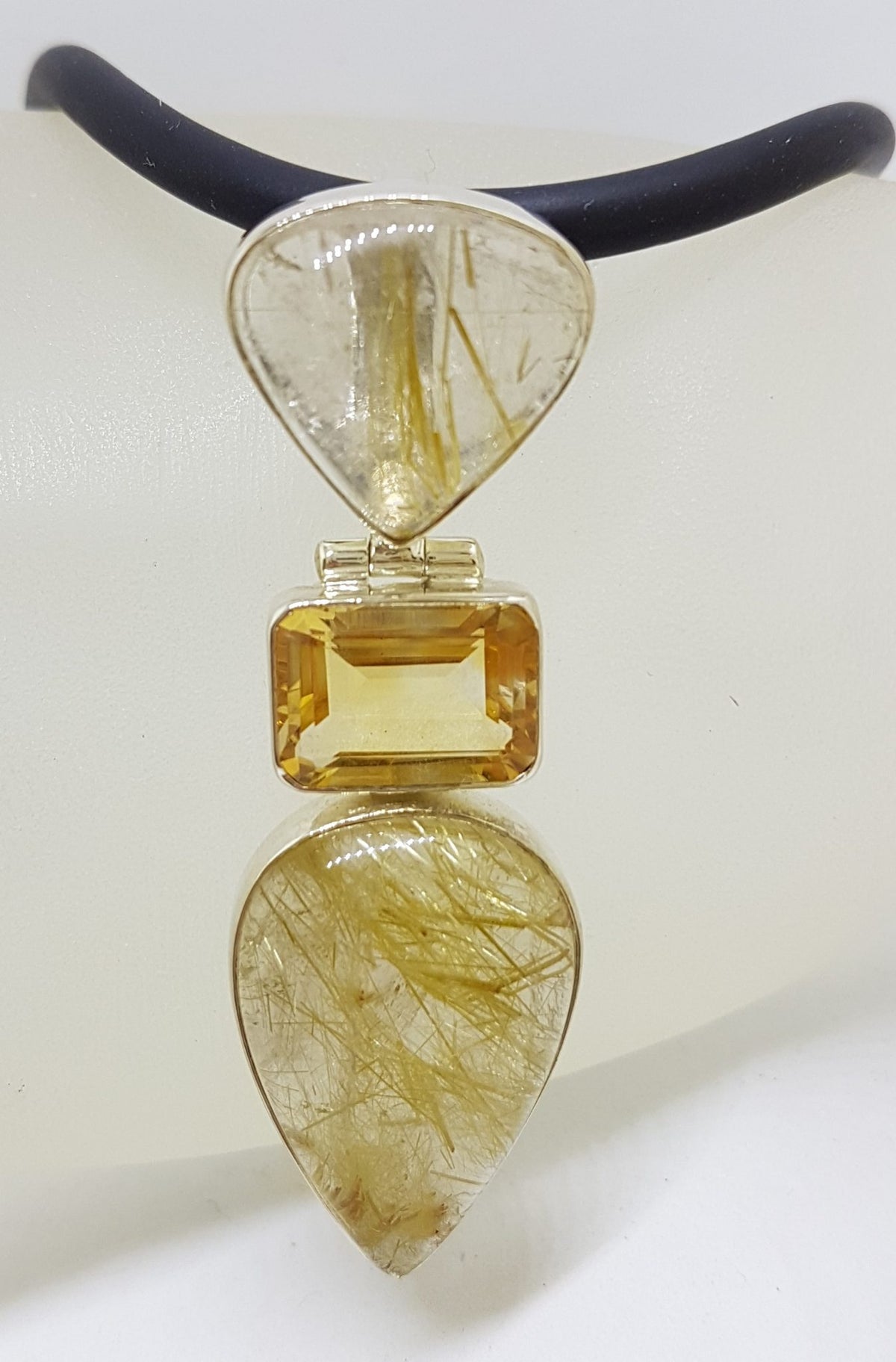 Sterling Silver Large Rutilated Quartz and Citrine Pendant on Black Neoprene Chain