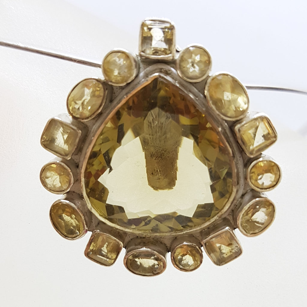 Sterling Silver Teardrop / Pear Shape Citrine Cluster Pendant on Choker