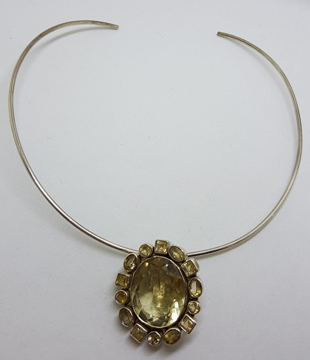 Sterling Silver Oval Citrine Cluster Pendant on Choker Necklace