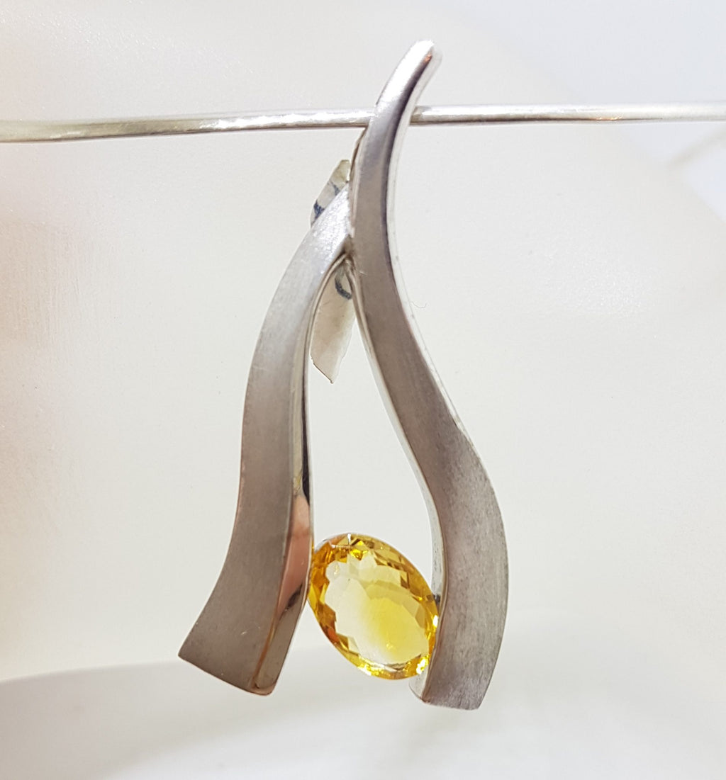 Sterling Silver Curved Citrine Pendant on Silver Choker / Chain