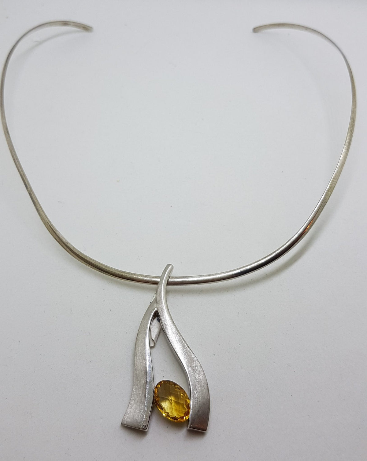 Sterling Silver Curved Citrine Pendant on Silver Choker / Chain