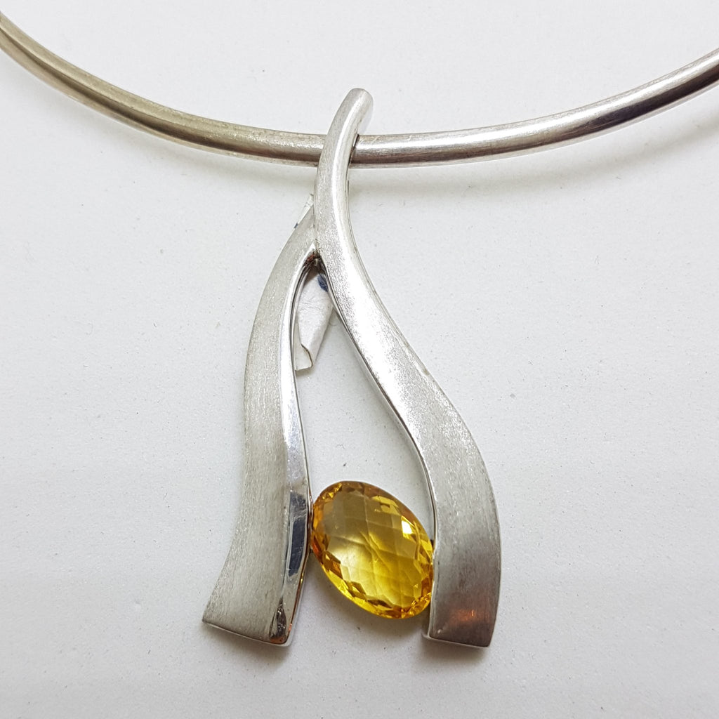 Sterling Silver Curved Citrine Pendant on Silver Choker / Chain