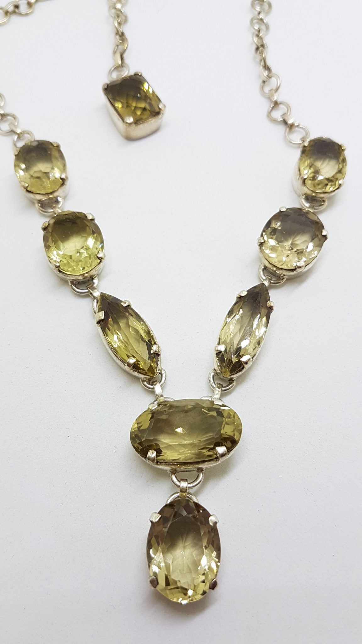 Sterling Silver Oval &amp; Marquis Shape Citrine Nine Stone Drop Necklace / Chain - Claw Set