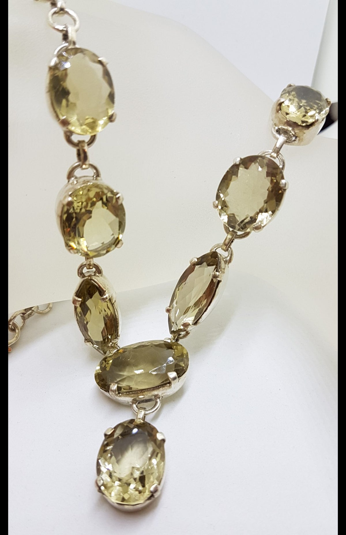 Sterling Silver Oval &amp; Marquis Shape Citrine Nine Stone Drop Necklace / Chain - Claw Set