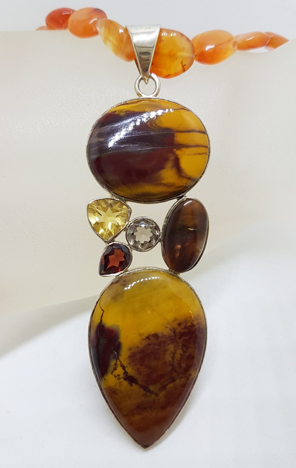 Sterling Silver Long Mookaite with Garnet, Amethyst, Citrine and Pendant on Carnelian Bead Chain Necklace