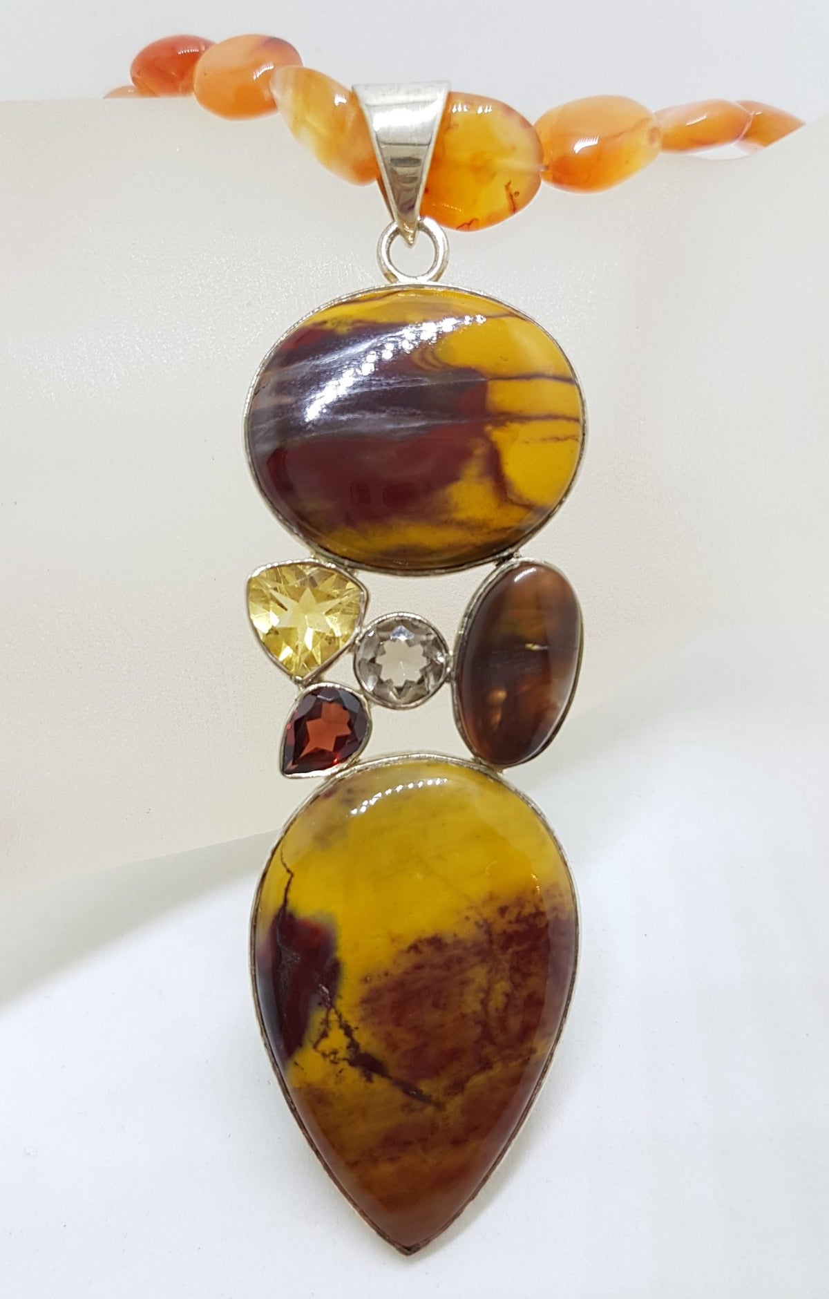 Sterling Silver Long Mookaite with Garnet, Amethyst, Citrine and Pendant on Carnelian Bead Chain Necklace